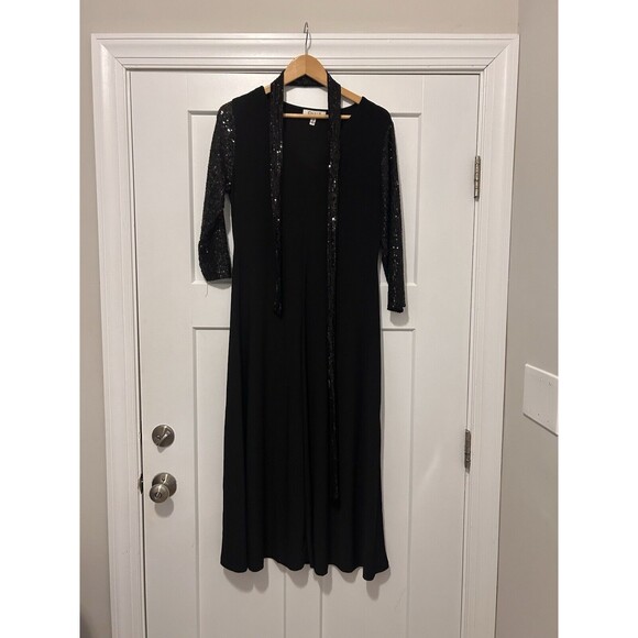Women’s Stretch Sequin Sleeve Black V-Neck Midi Dress Size Large Cocktail Belt - Picture 4 of 6